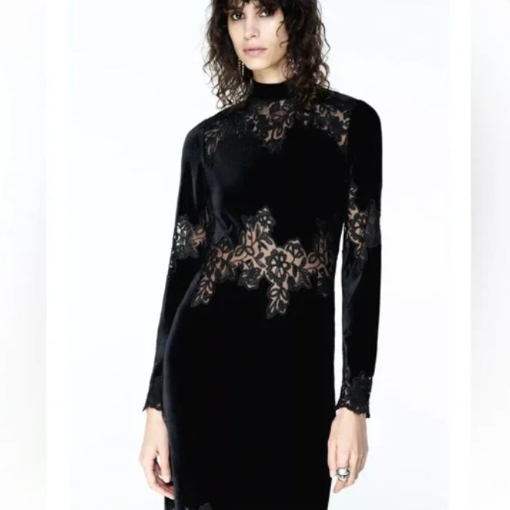 NWT ZARA BLACK VELVET LACE DRESS - Sz L